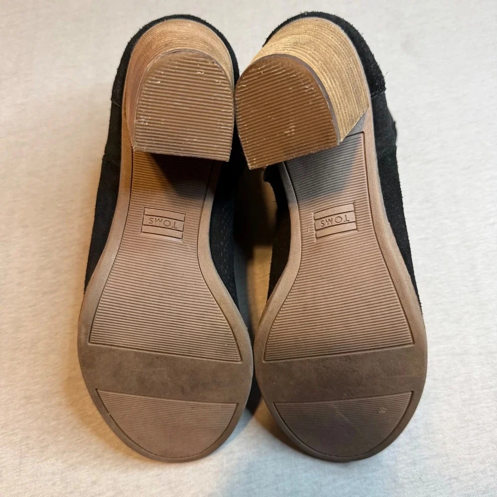 TOMS Majorca Black Suede Perforated Peep Toe Ankle Booties Block Heel Size 9